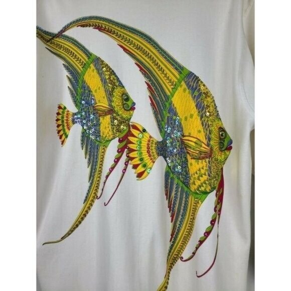 Vintage Lisa Ashley Womens Wearable Art Fish Cardigan Large White Embroidered - Picture 8 of 11